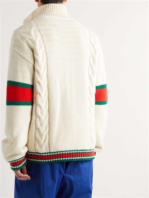 gucci cable knit sweater with signature stripe tied neckline|GUCCI Striped cable.